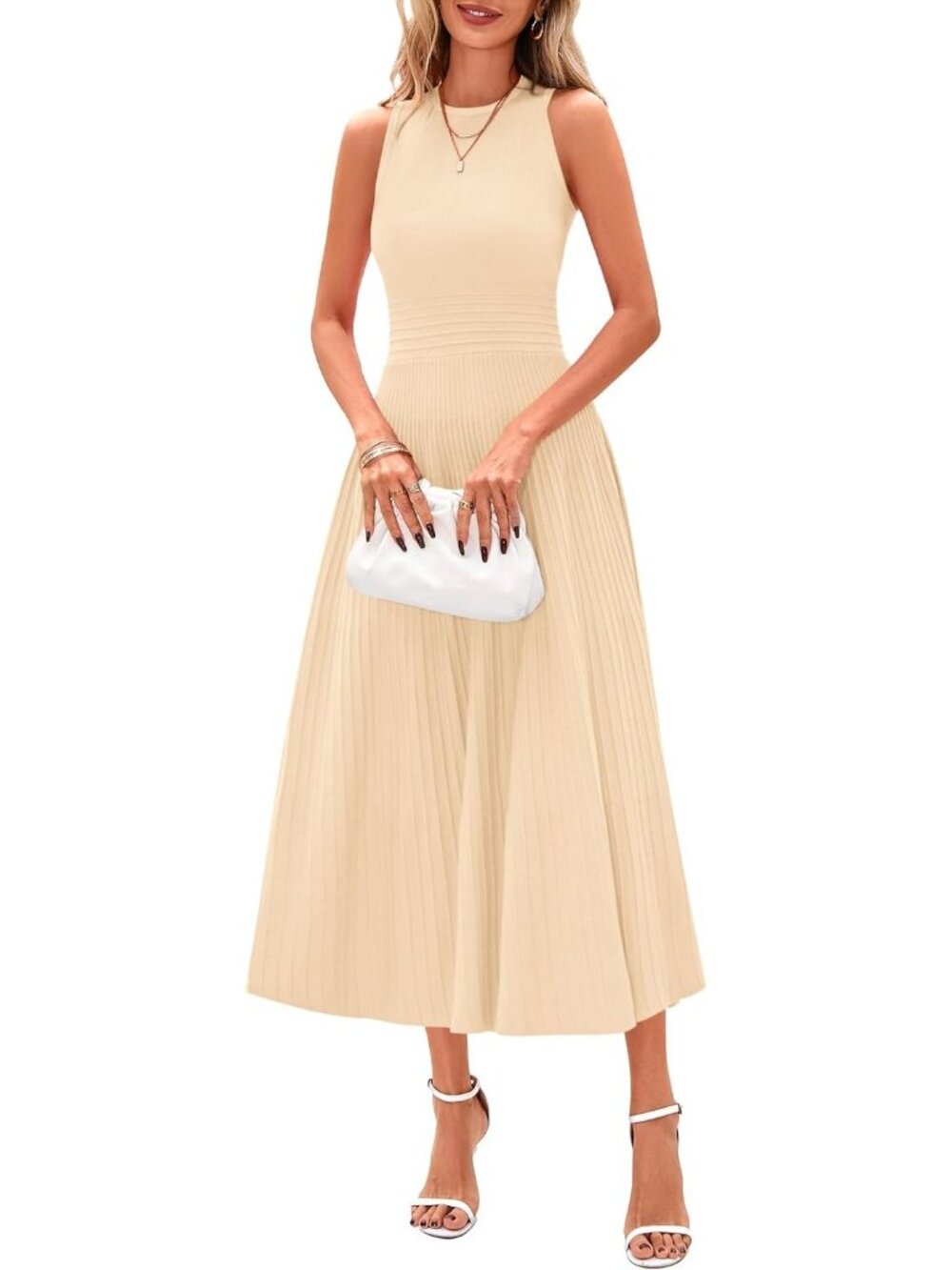 Women's Dress Midi Apricot Crew Neck Short Sleeveless A Line Casual Summer